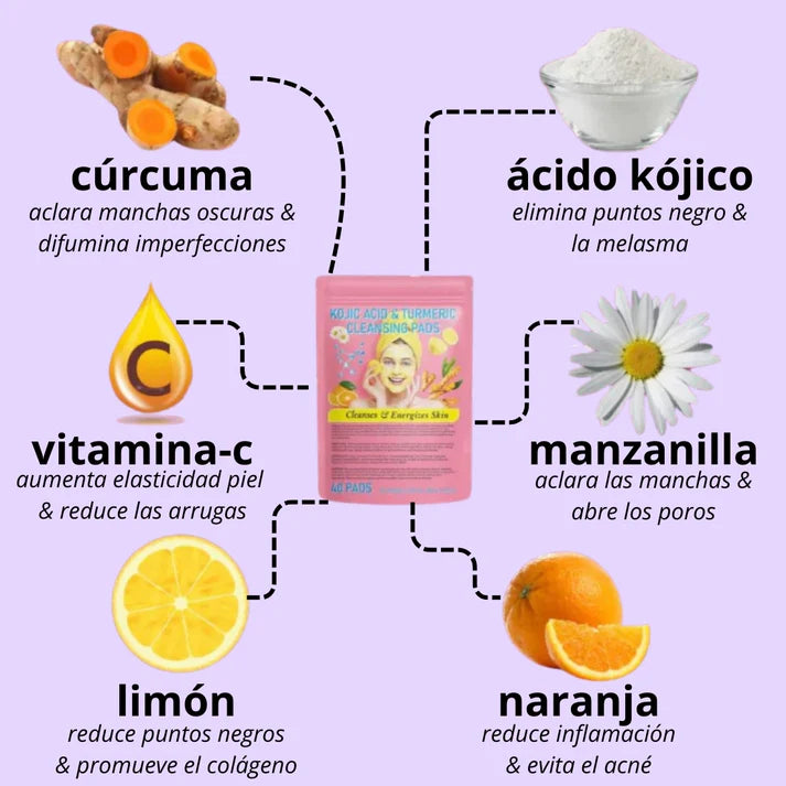 Almohadillas de curcuma y acido kojico - exfolia y nutre la piel (PACK DE 40)