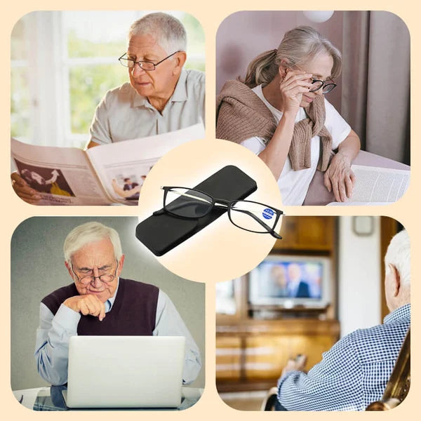 Gafas de lectura portátiles para presbicia con luz anti-azul y estuche para celular