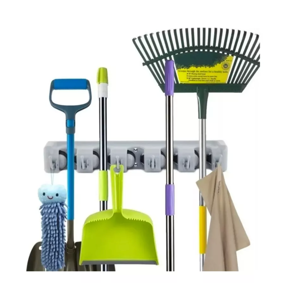 Soporte para escoba y fregona con ganchos
