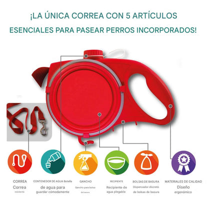 Doggy Correa para perros todo en uno con portabotellas, cuenco y bolsa para excrementos integrados