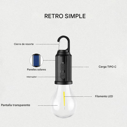Luz solar recargable con gancho para el hogar o acampar al aire libre